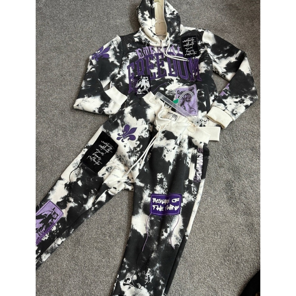 Smoke Rise Mens Sweatsuit Set Tie Dye Camo Hoodie Pants Purple Black White L